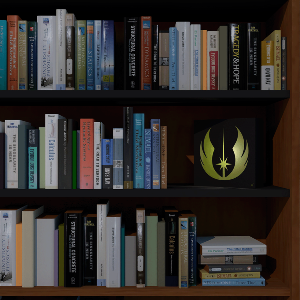 Bookshelf with books and a custom steel art gift Star Wars Jedi Order lamp made in Lebanon